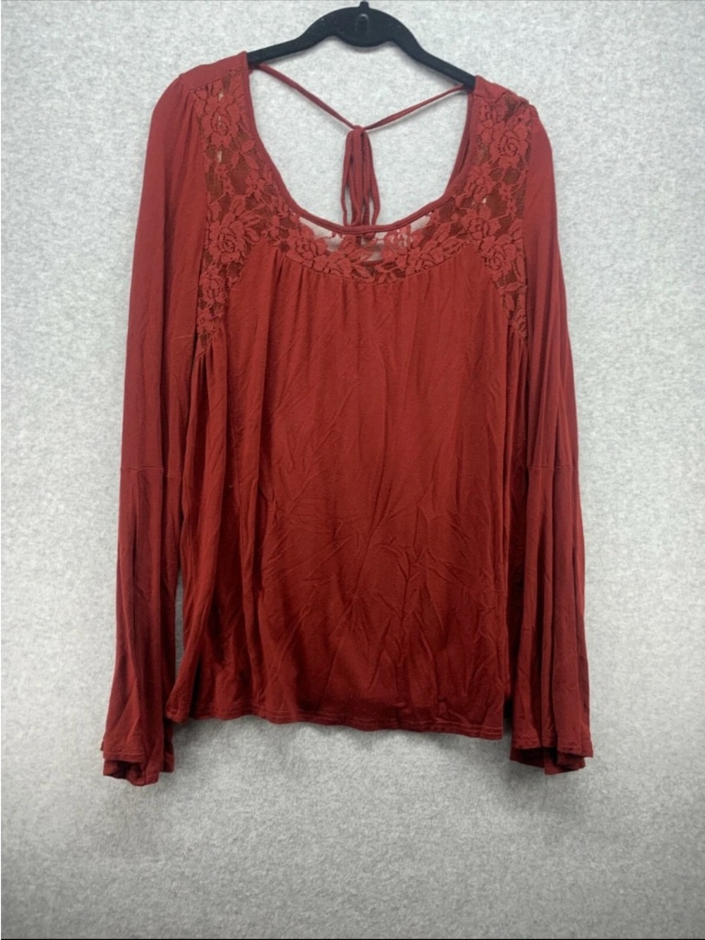 Unique Spectrum Tie-Back Lace Yoke Long Sleeve Top - Rust